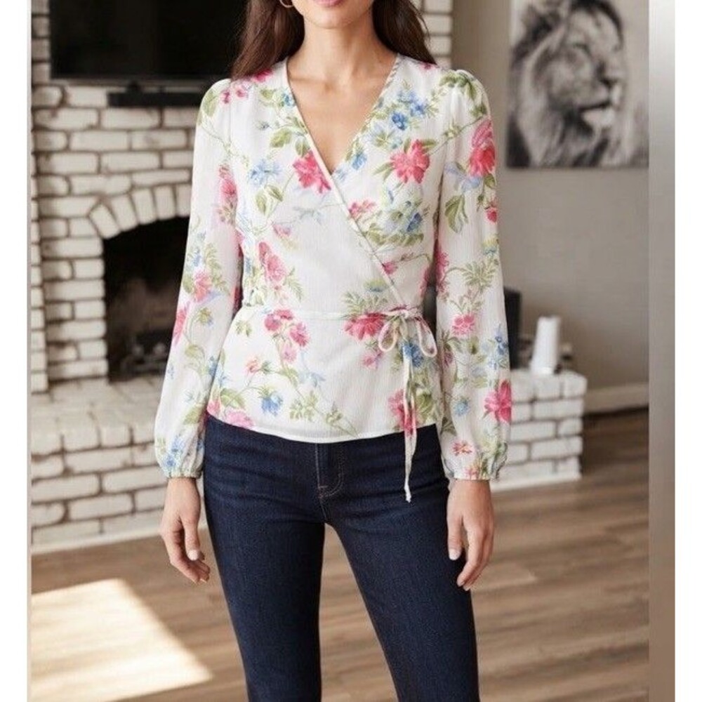 Ann Taylor Petite 0P Wrap Top Floral Blouse Cottagecore Coquette Boho Longsleeve